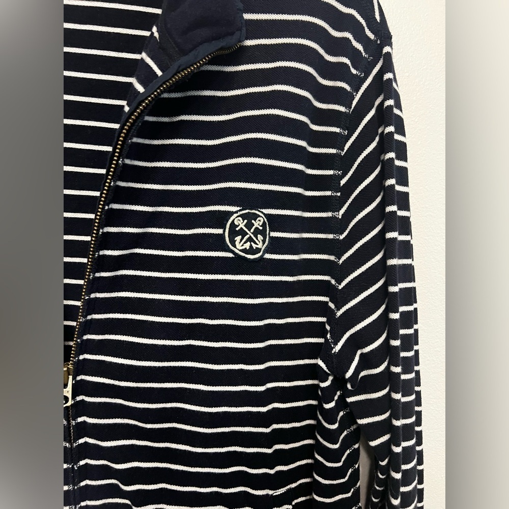 J. Crew Mens Large Navy and White Striped Cotton Full Zip Jacket Nautical Yacht - Picture 3 of 6